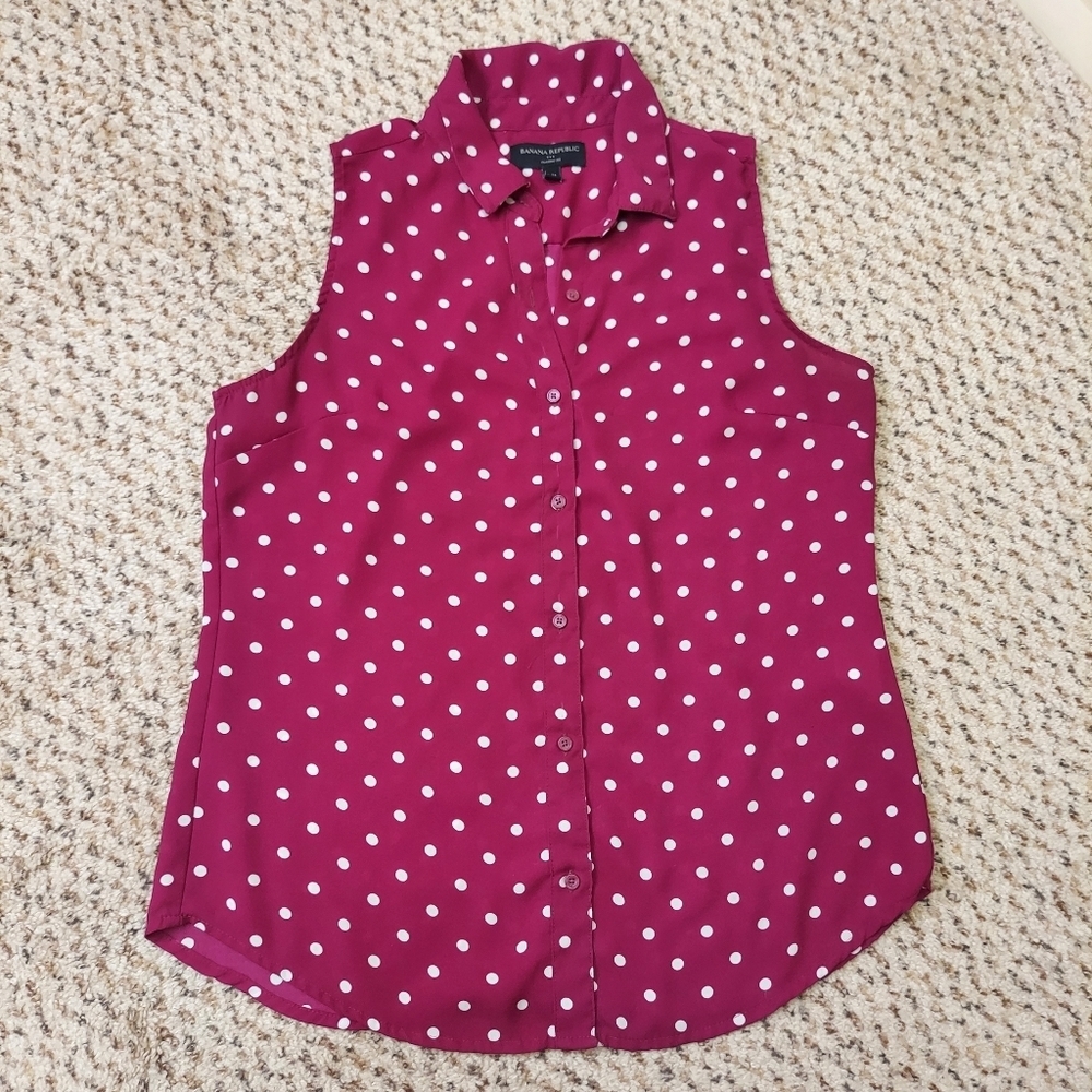 Banana Republic Burgundy Polka Dot Sleeveless Tank Button Up Blouse Shirt Sz PM